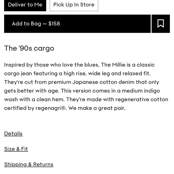 Aritzia 90s Millie Hi-Rise Cargo Jean 5 years kiss and tell bleu barrel 23 NEW - Picture 7 of 8